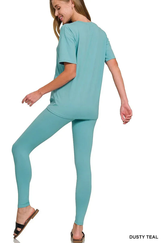 Another view: Brushed DTY Microfiber Short Sleeve Top and Pants Loungewear Set