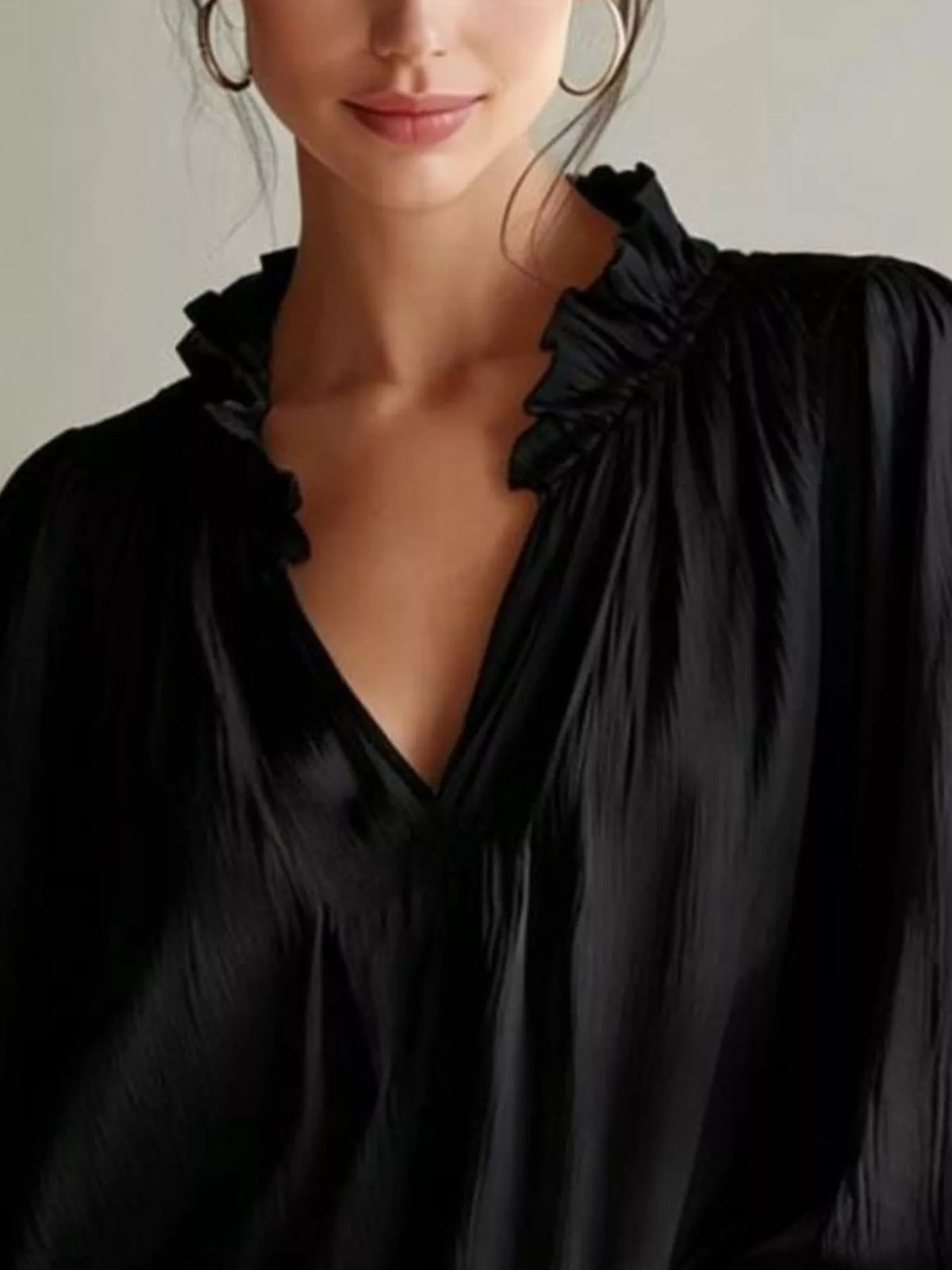 Frill-Trim Notched Long-Sleeve Blouse