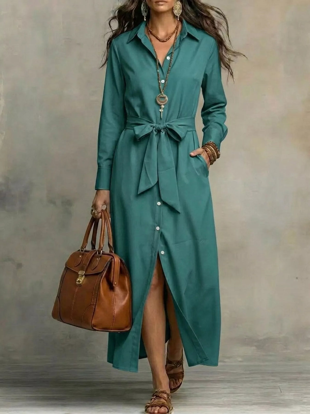 Tie-Waist Long-Sleeve Shirt Dress
