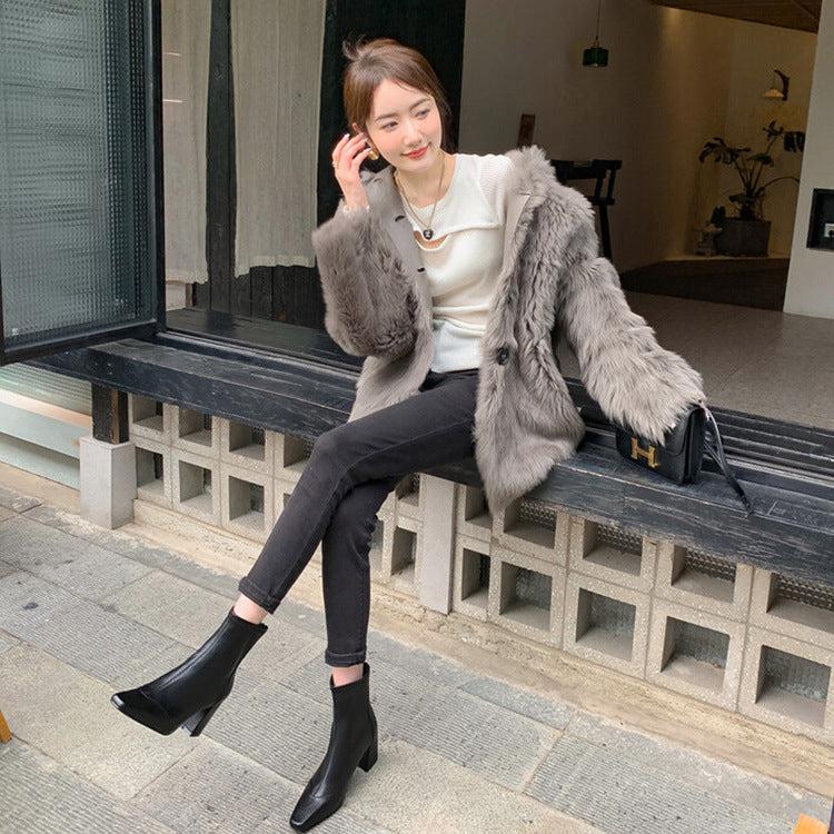 Women's Square Toe Elastic High Heel Boots - Chunky Heel Ankle Boots