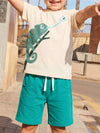 Apricot chameleon tee with teal drawstring shorts for children.