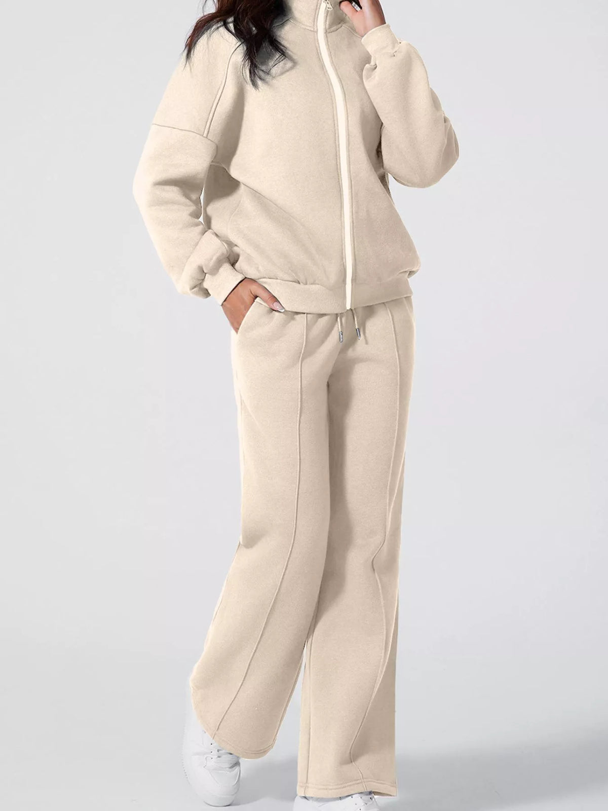 Drop Shoulder Zip-Up Jacket & Drawstring Pants Active Set