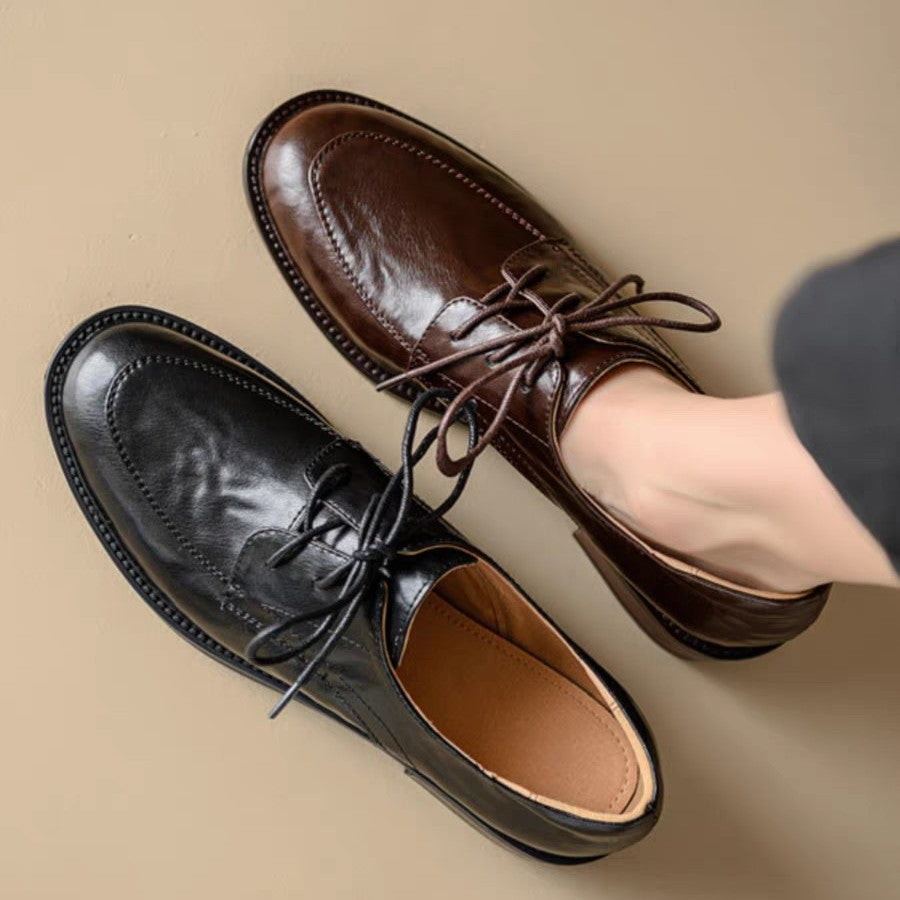Women's Round Toe Chunky Heel Leather Loafers | Cowhide Upper Buckle Shoes