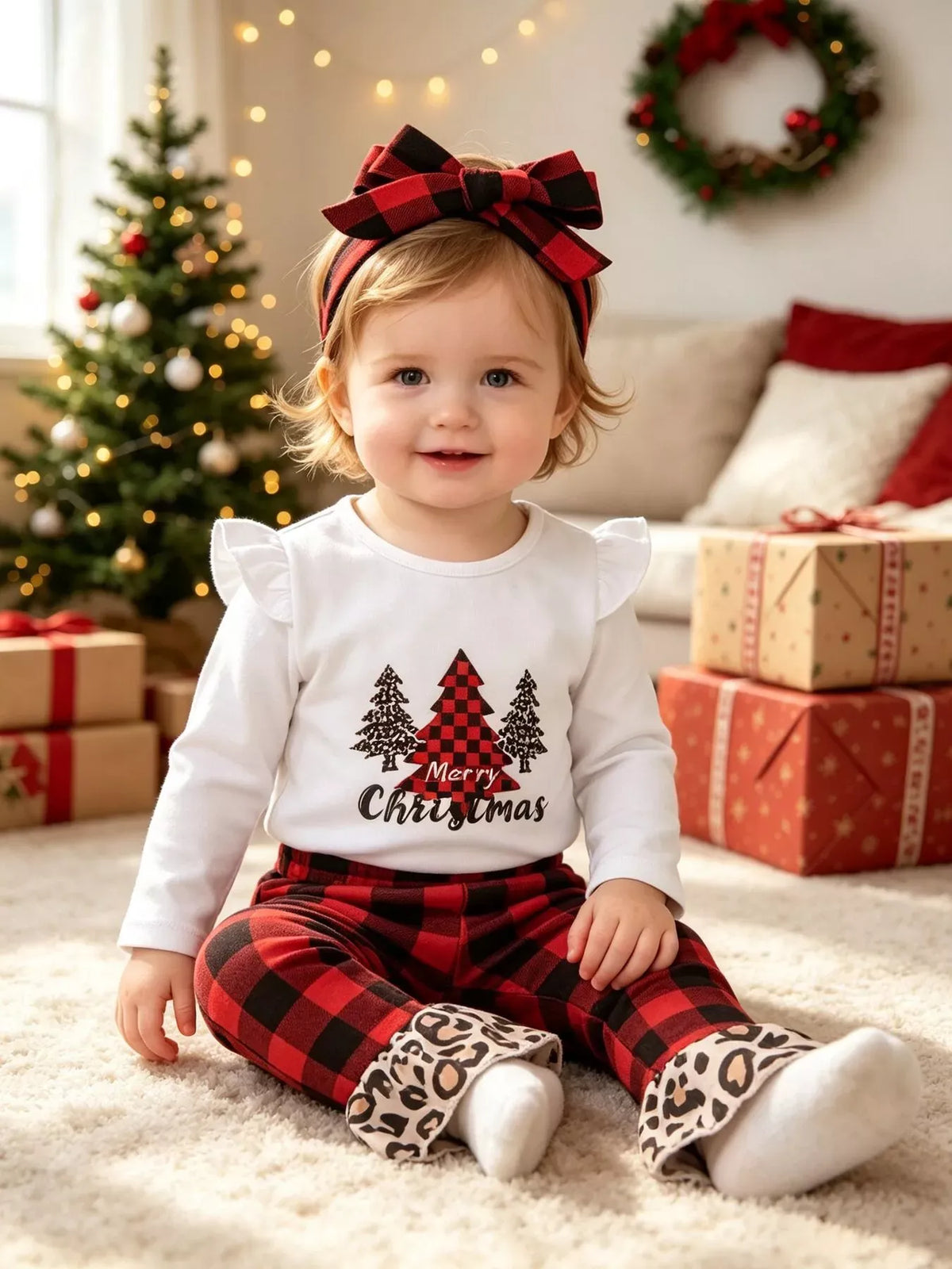 Baby Girls' Christmas Tree Top, Plaid Pants & Headband Set — photo 2