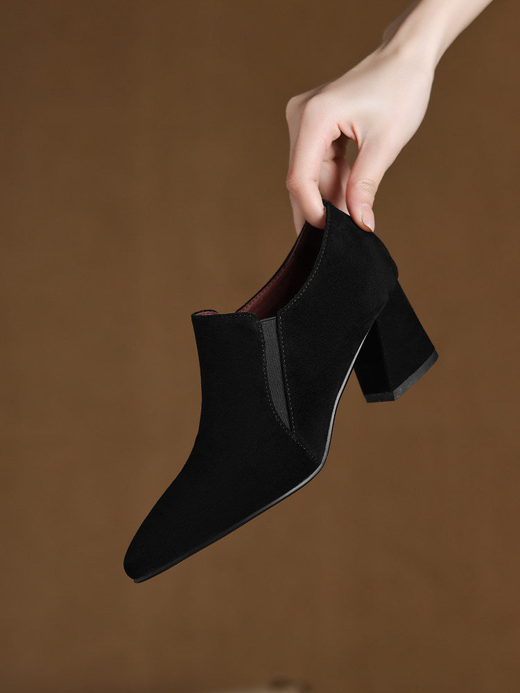 Women's Suede-Texture Pointed-Toe Low Chunky-Heel Slip-On Shoes | Black & Brown