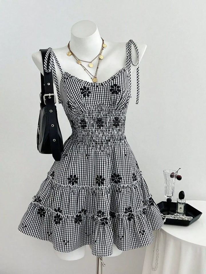 Gingham Floral Tiered Mini Dress — Black
