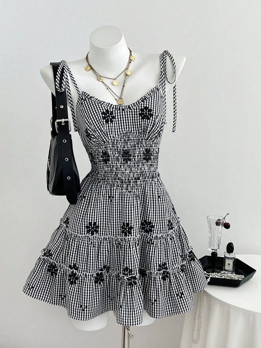 Gingham Floral Tiered Mini Dress — Black