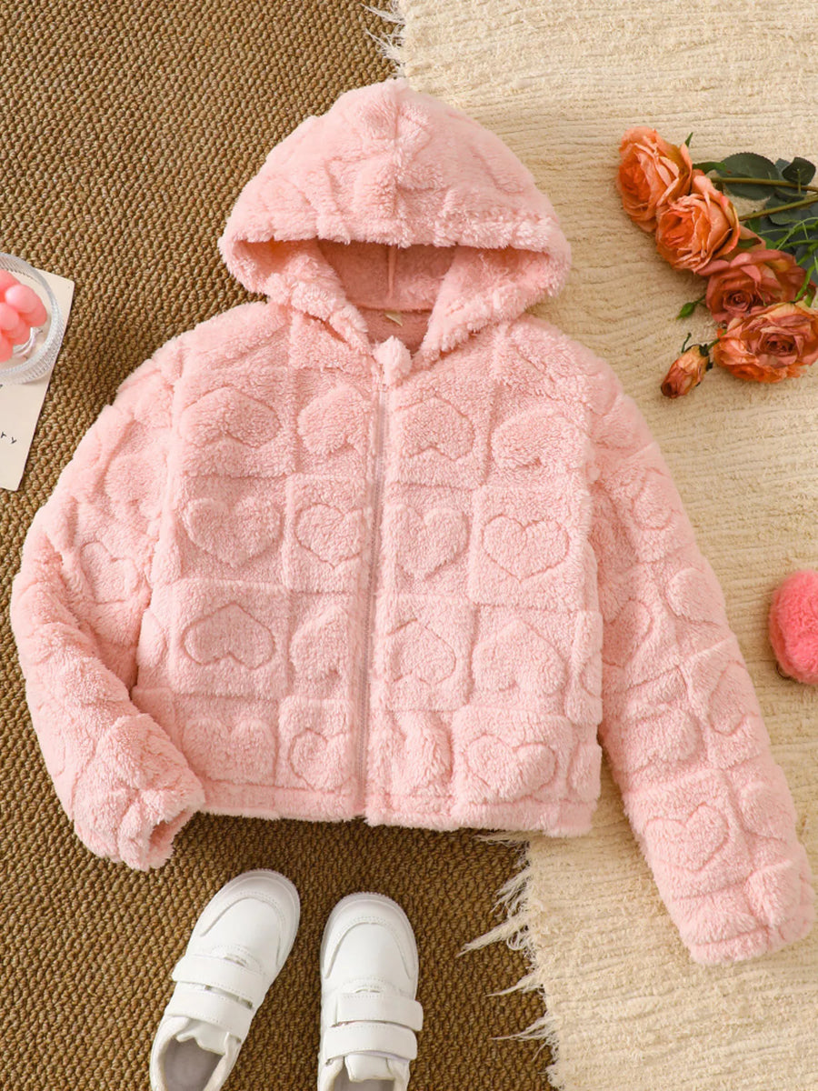 Wildwood Heart Pattern Fuzzy Hooded Outerwear