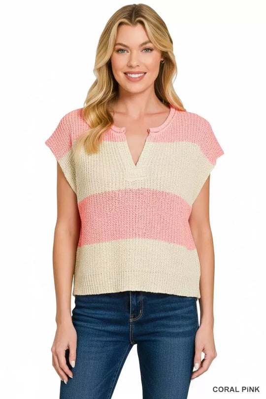 Another view: Split Neck Sleeveless Stripe Sweater — CORAL PINK