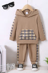Camel children’s hooded top with plaid panels and matching pants.