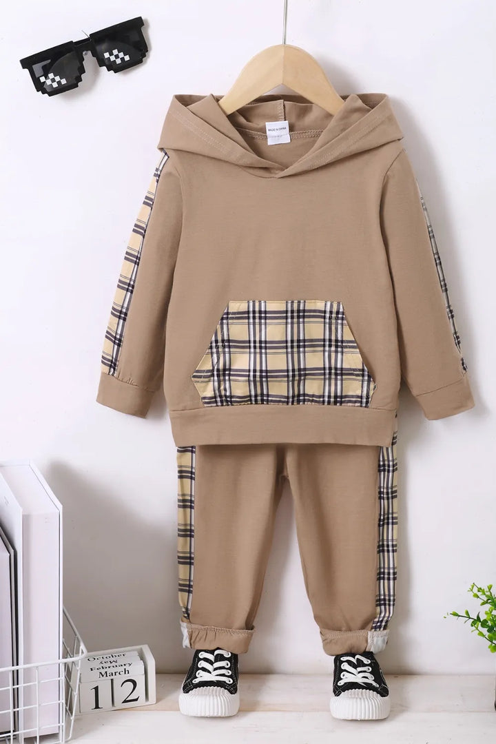 Camel children’s hooded top with plaid panels and matching pants.