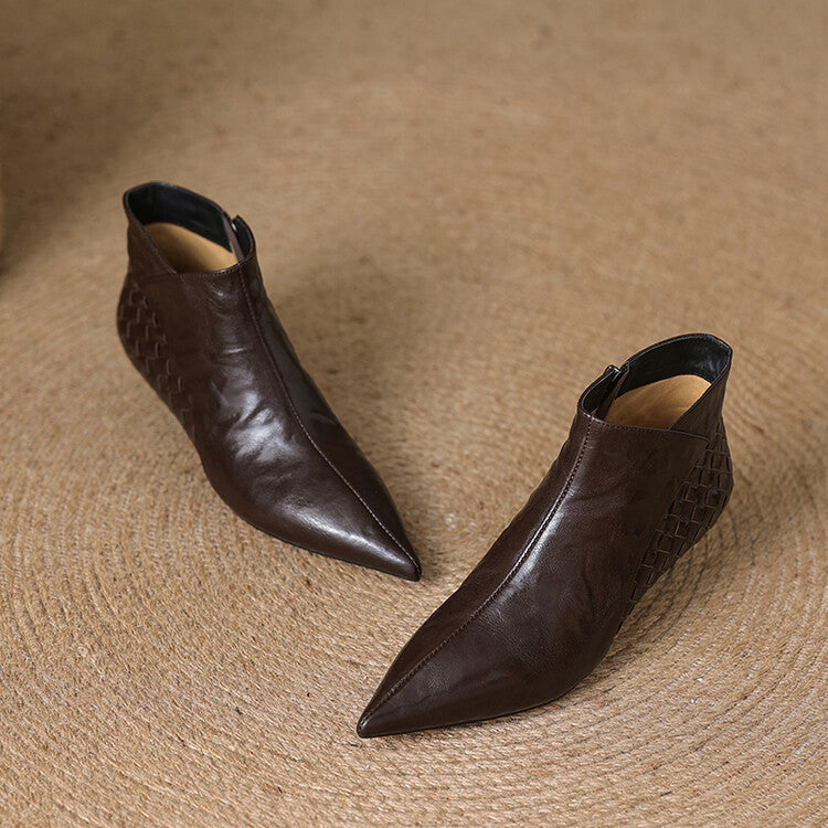 Women's Woven Full-Grain Sheepskin Ankle Boots | Pointed Toe Side Zipper Low Heel