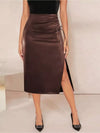 Black or brown drawstring midi skirt with slit