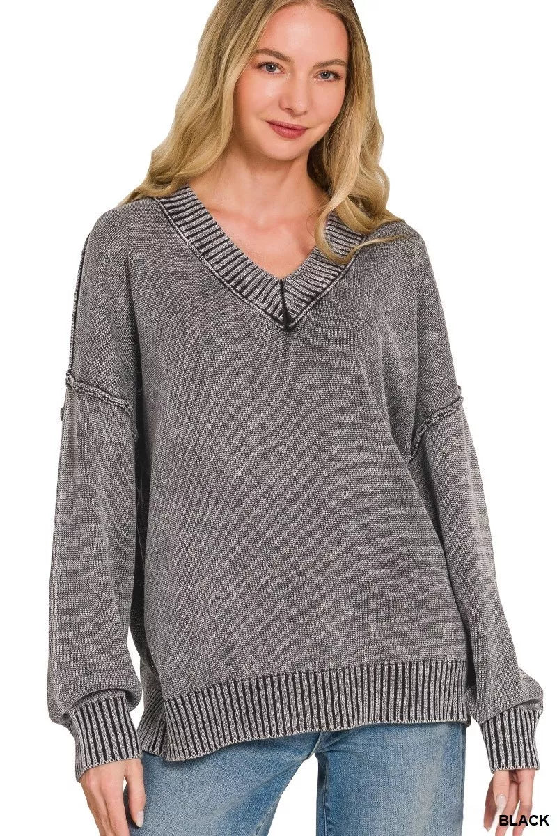 Zenana Washed Deep V-Neck Oversized Sweater — Black