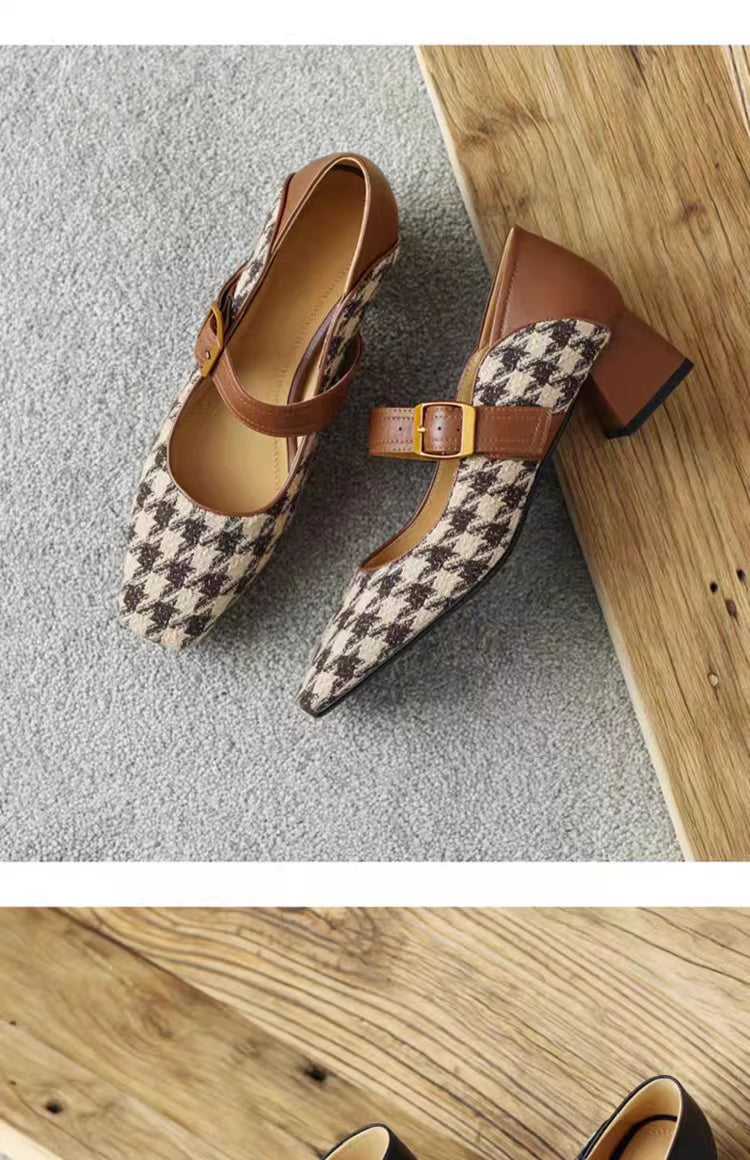 Retro Mary Jane Buckle Slip-On Heels for Women | 6cm Block Heel | Off-White & Black
