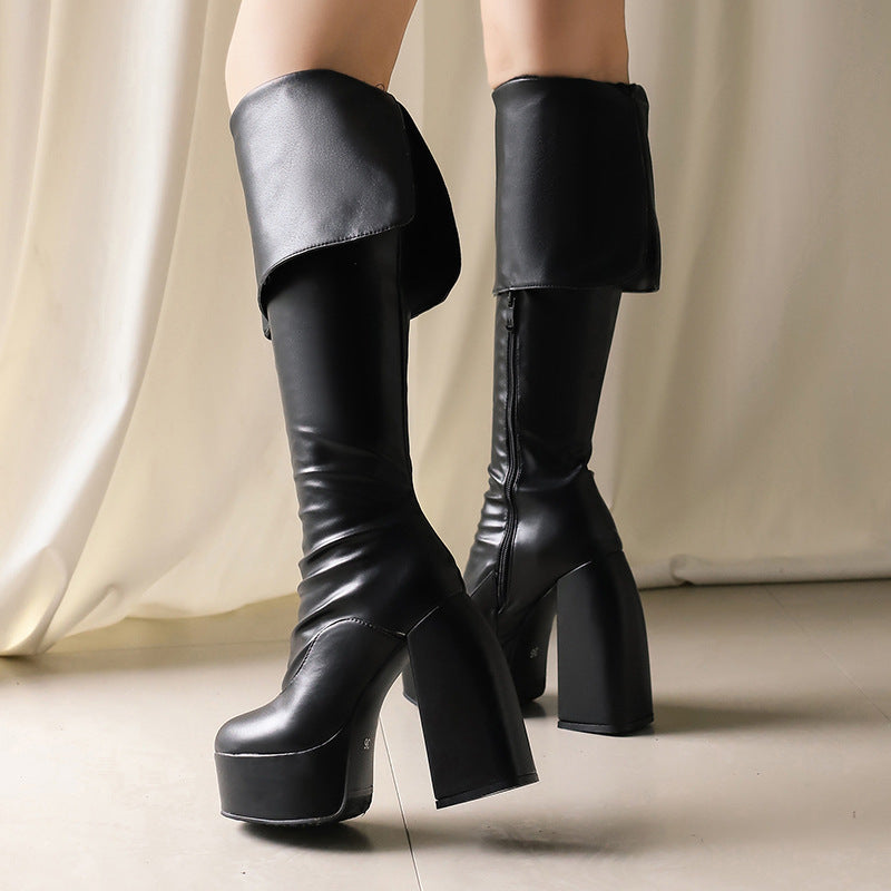 Women's Over-the-Knee Boots - Chunky Heel Platform Boots with Waterproof Design