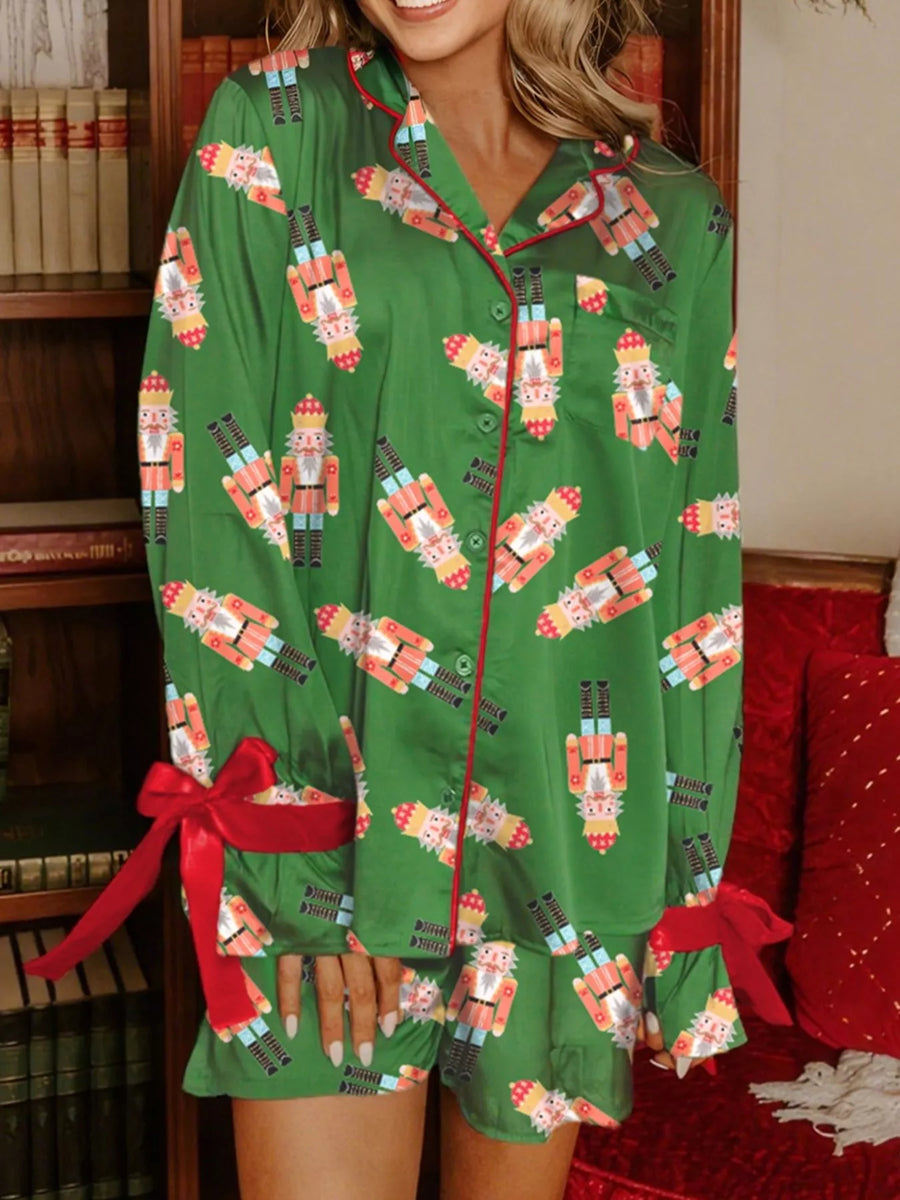 Nutcracker Button-Up Top & Shorts Lounge Set — Green