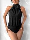 Black Grecian-neck bodysuit with 3D flower