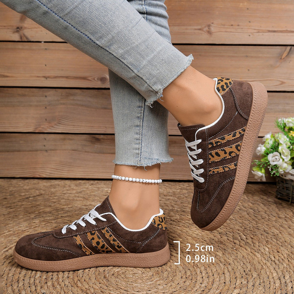 Women's Leopard Print Lace-Up Casual Shoes - Round Toe Color Block Sneakers