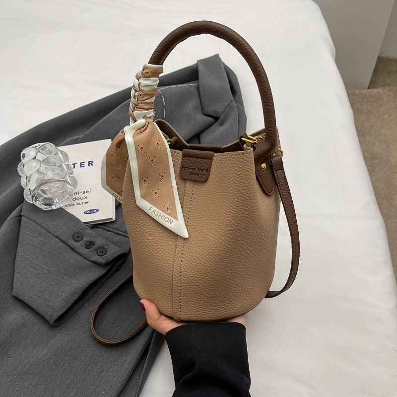 Women's PU Leather Bucket Tote Bag with Silk Scarf Detail – Everyday Shoulder Handbag
