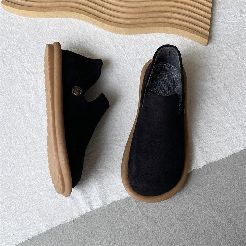 Women's Vintage Suede Slip-On Pumps | Low Heel Round Toe Dress Shoes | Creamy White & Black