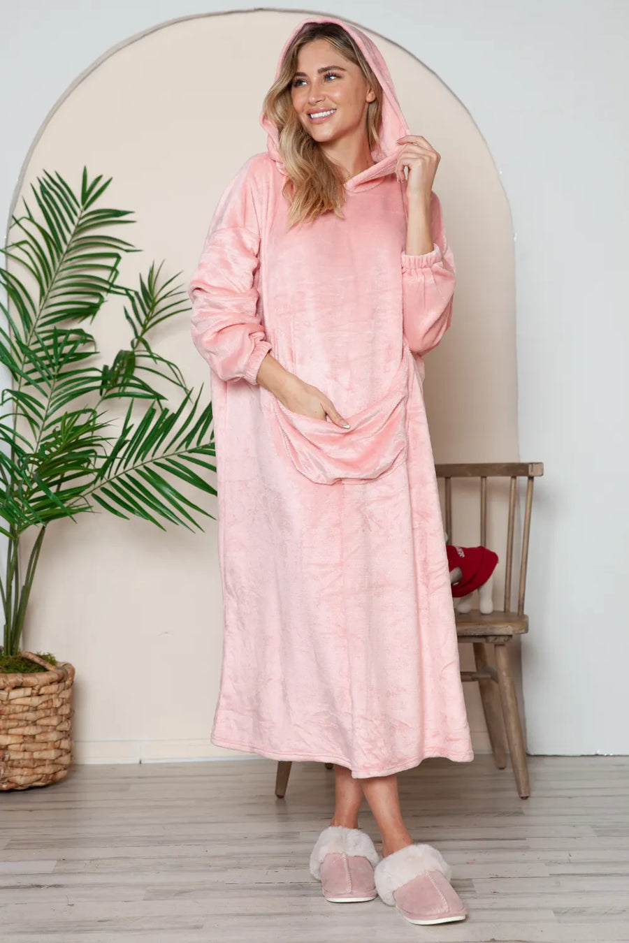 Pocketed Hooded Midi Lounge Dress — Full Size