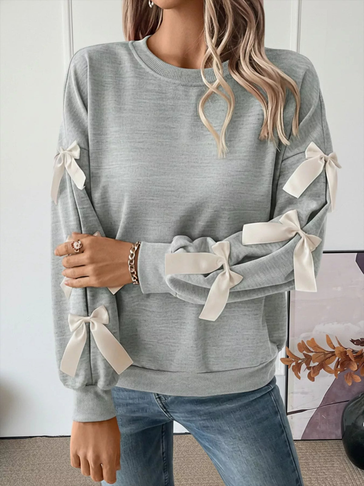 Isla Bow-Detail Sleeve Crewneck Sweatshirt