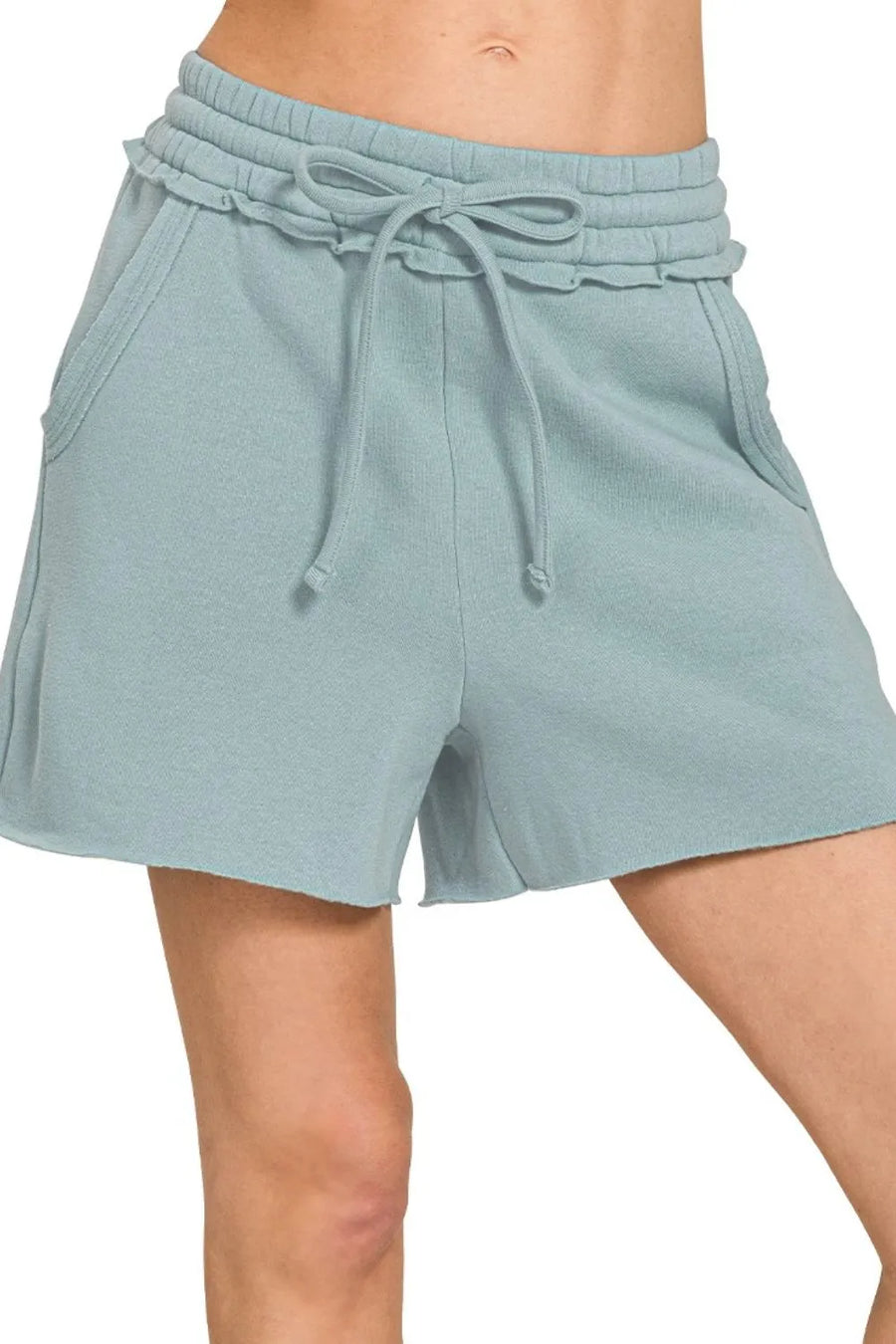 Fleece Raw Hem Shorts with Draw String — BLUE GREY