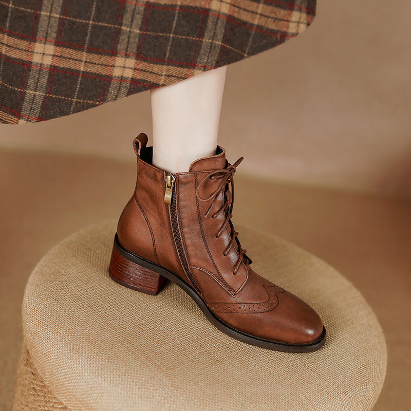 Women's Retro Leather Ankle Boots – Chunky Heel, Side Zipper & Lace-Up | Cowhide Upper