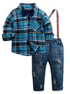 Blue plaid shirt with bow tie, suspenders, and distressed dark denim jeans for children.