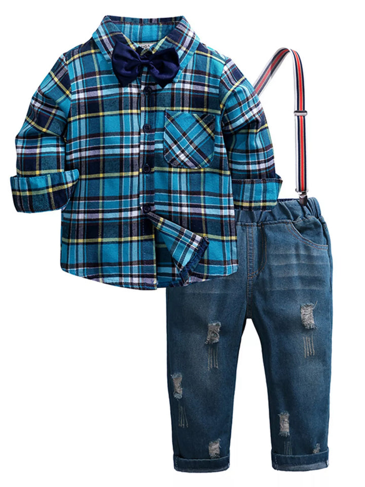 Blue plaid shirt with bow tie, suspenders, and distressed dark denim jeans for children.