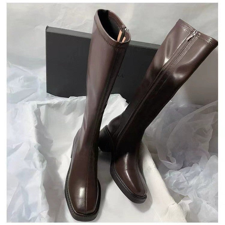 Women's Square-Toe Over-the-Knee Boots | Chunky Heel Side Zipper | Brown & Black