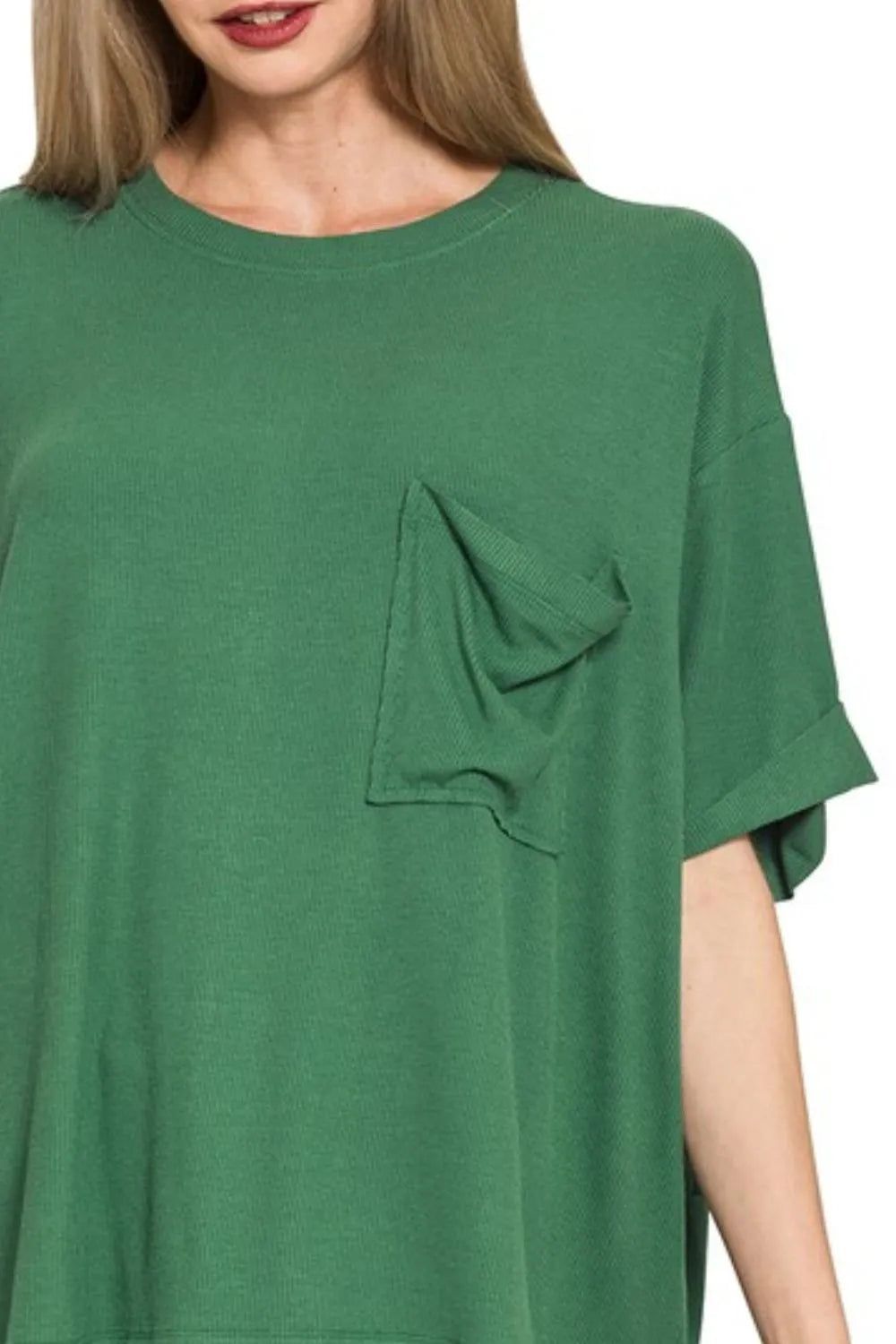 Oversized Ribbed Round Neck Short Sleeve Tee — Dk Green