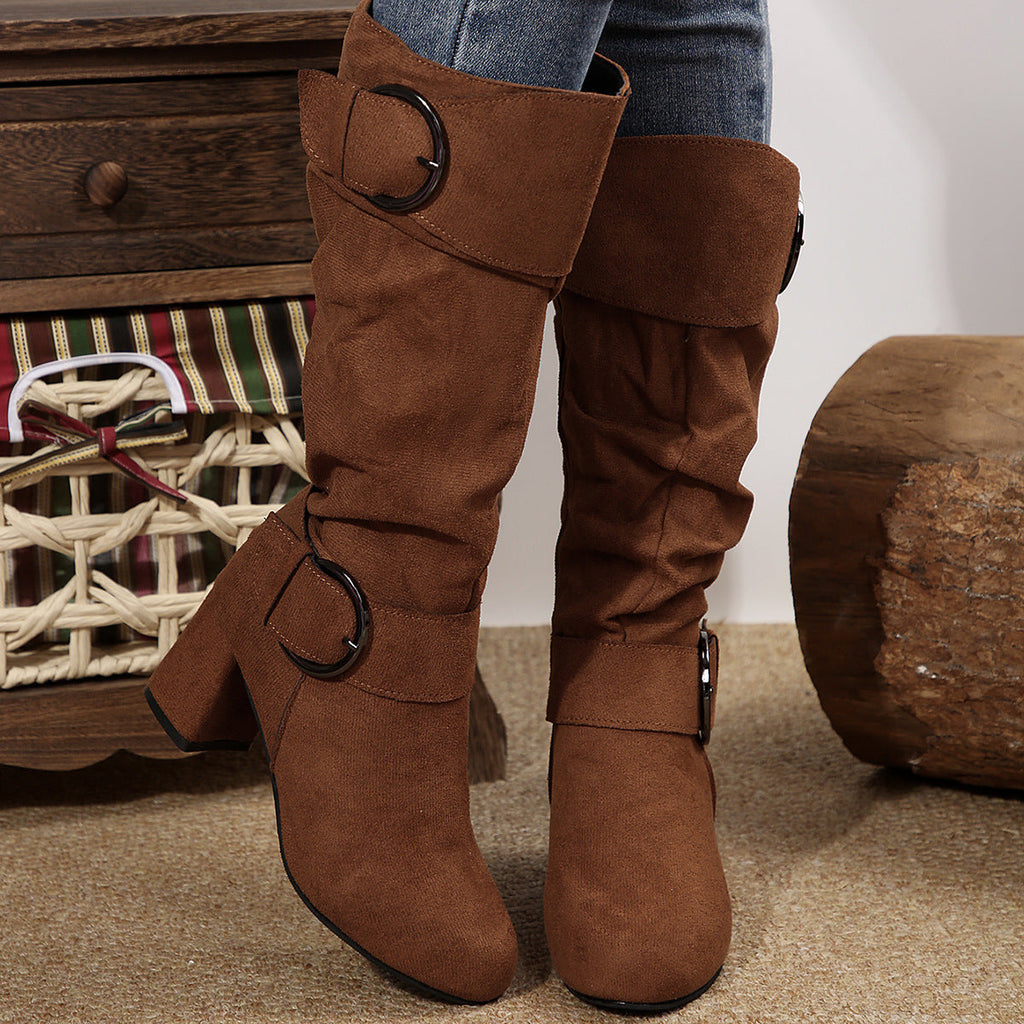 Women's Belt Buckle Chunky Heel Mid-Calf Boots | Suede Pointed Toe Fall Winter