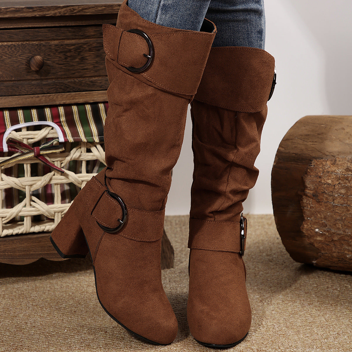 Women's Belt Buckle Chunky Heel Mid-Calf Boots | Suede Pointed Toe Fall Winter