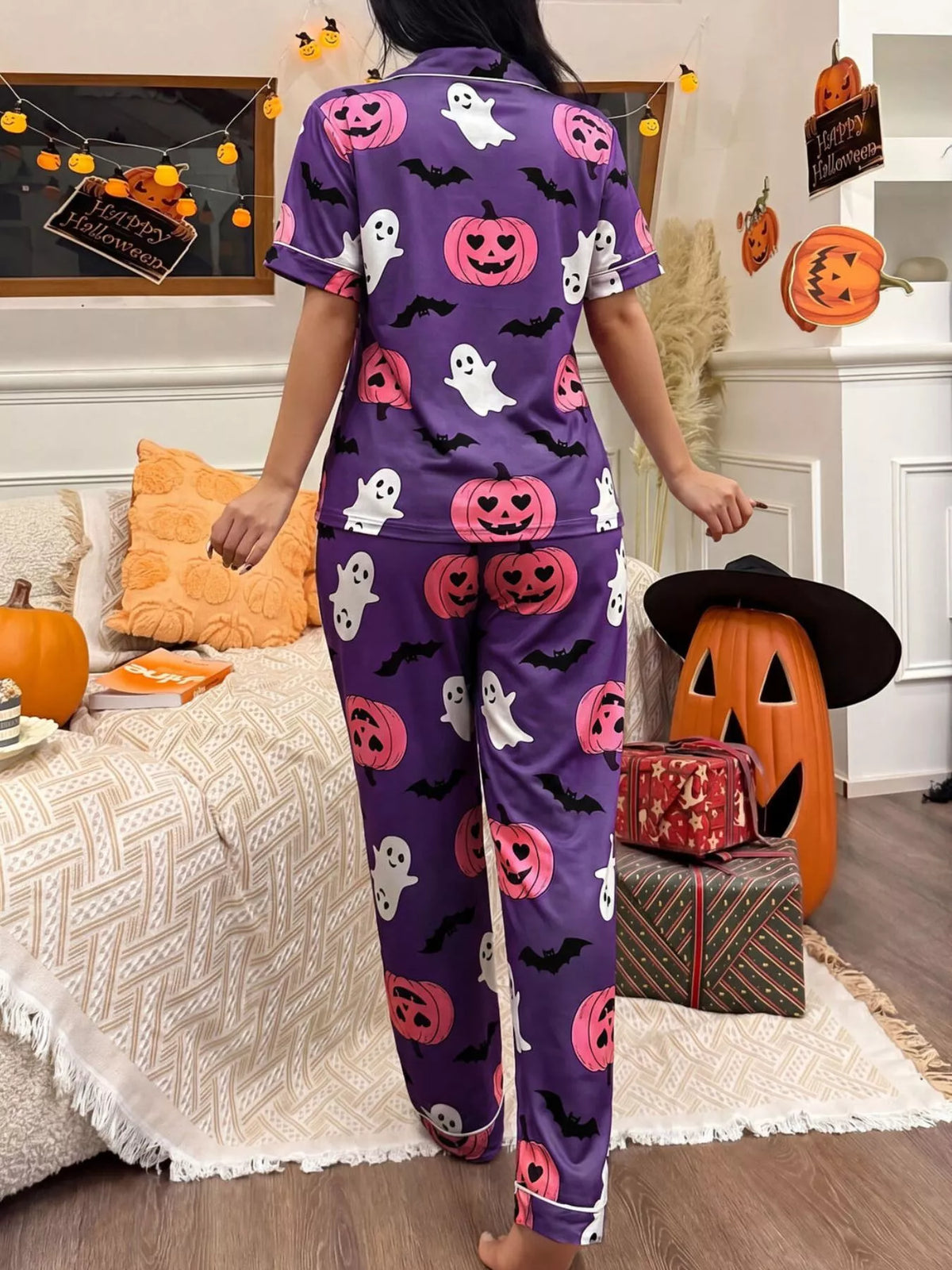 Pumpkin Print Button-Down Lounge Set