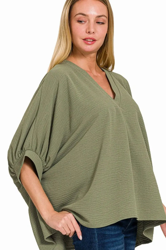Another view: Woven Airflow V-neck Puff Half Sleeve Top — Lt Olive
