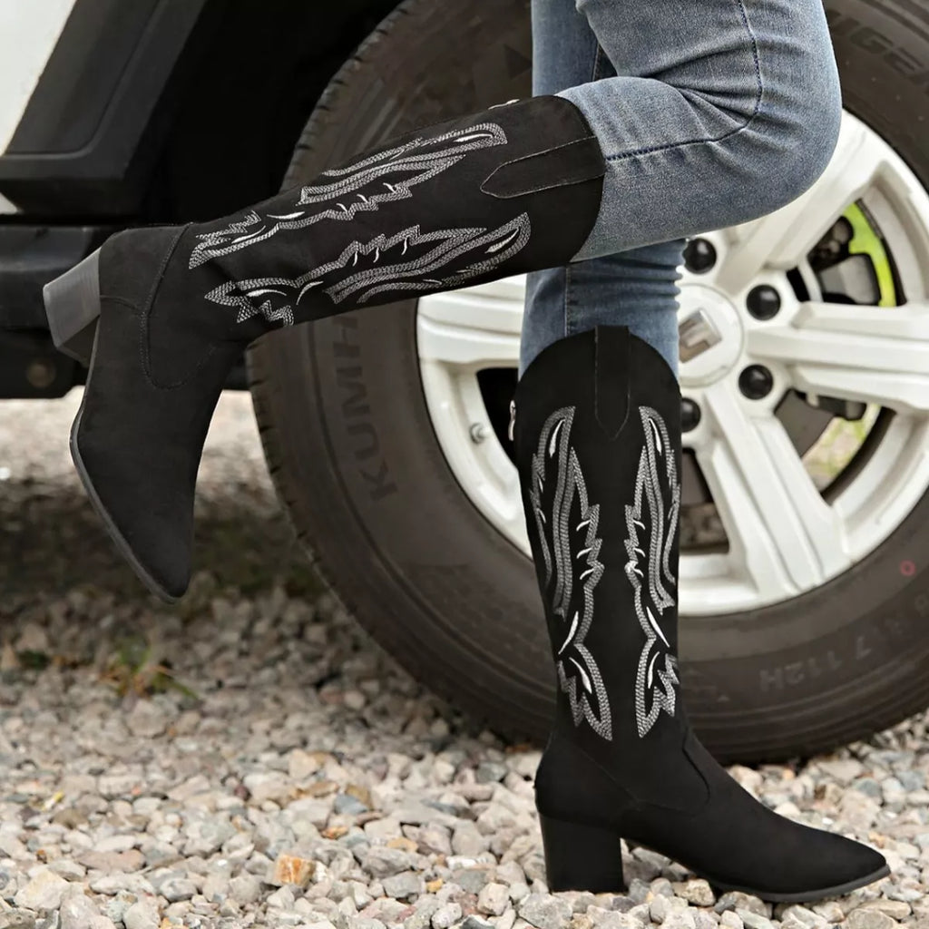 Women's Point Toe Block Heel Boots – Suede Mid Heel Ankle Boots