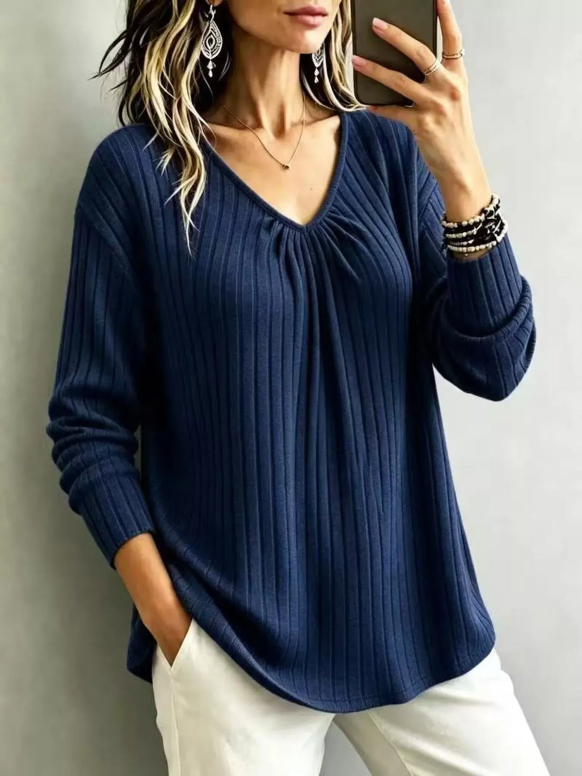 Women's Ribbed V-Neck Long-Sleeve Top — photo 18