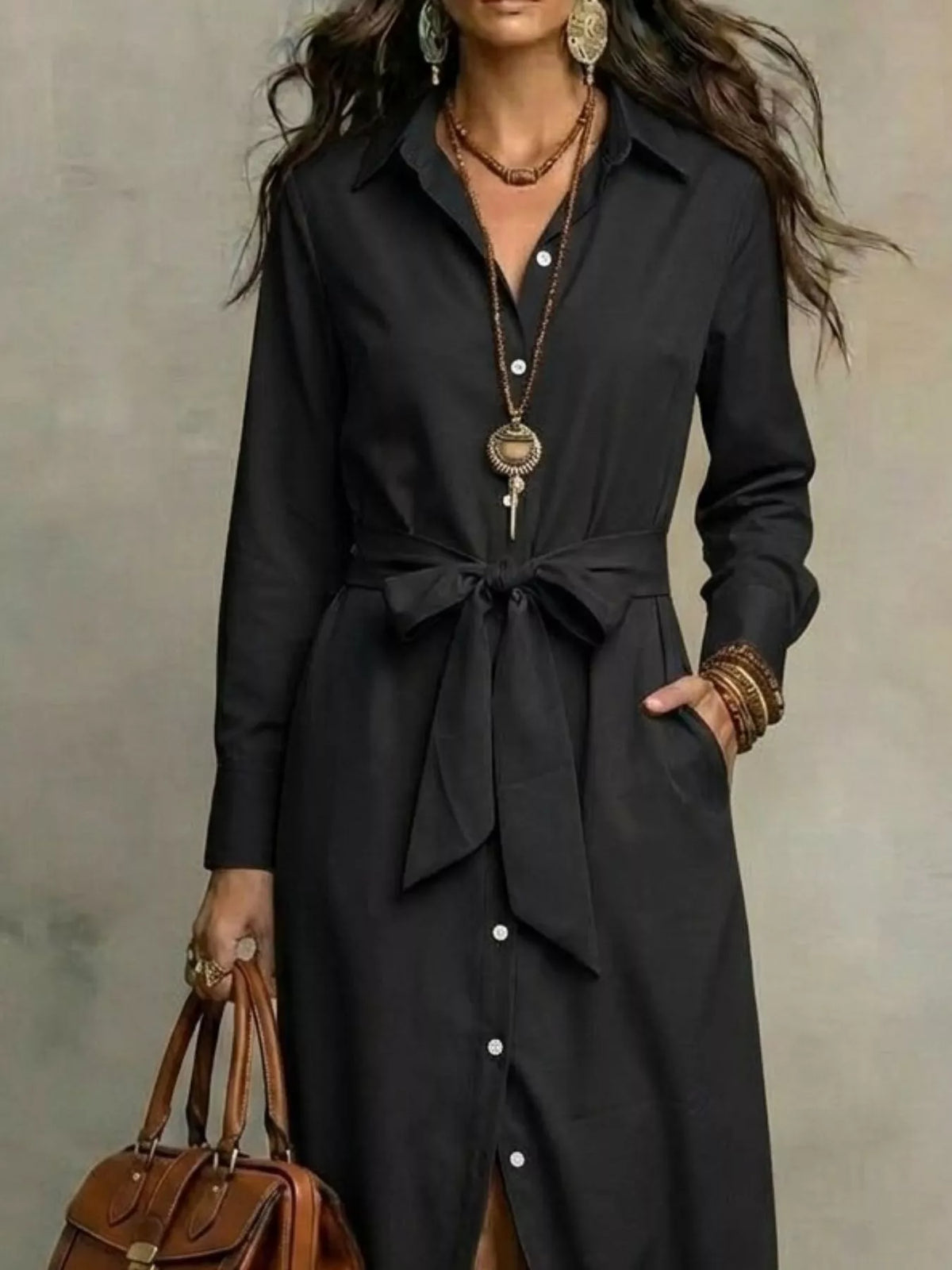 Tie-Waist Long-Sleeve Shirt Dress