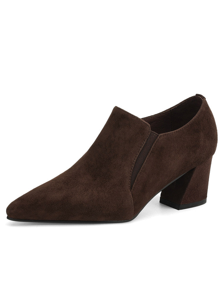 Women's Suede-Texture Pointed-Toe Low Chunky-Heel Slip-On Shoes | Black & Brown