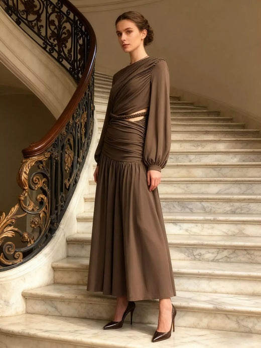 Brown ruched long-sleeve maxi dress with a cutout detail