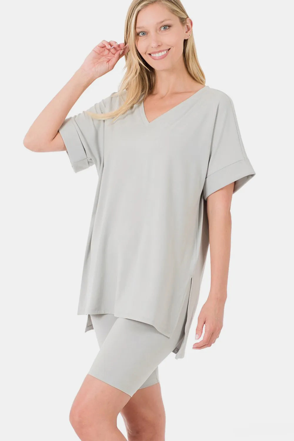 Curve V-Neck Short Sleeve Slit T-Shirt and Shorts Set — Lt Grey
