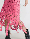 Cascading disc-fringe asymmetrical midi skirt