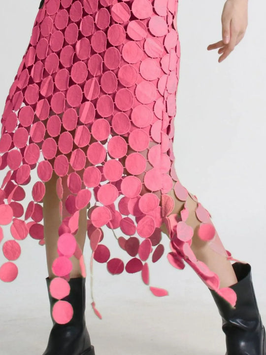 Another view: Cascading Disc-Fringe Asymmetrical Midi Skirt