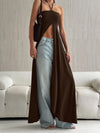 Brown halter-neck high-split longline top