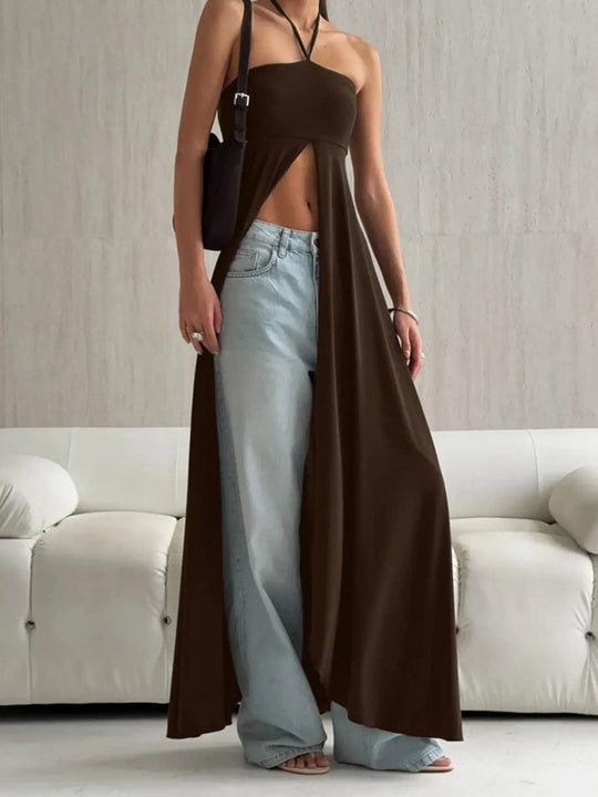 Another view: Brown Halter-Neck High-Split Longline Top