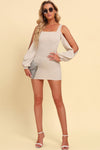 Square-neck split-sleeve fitted mini dress
