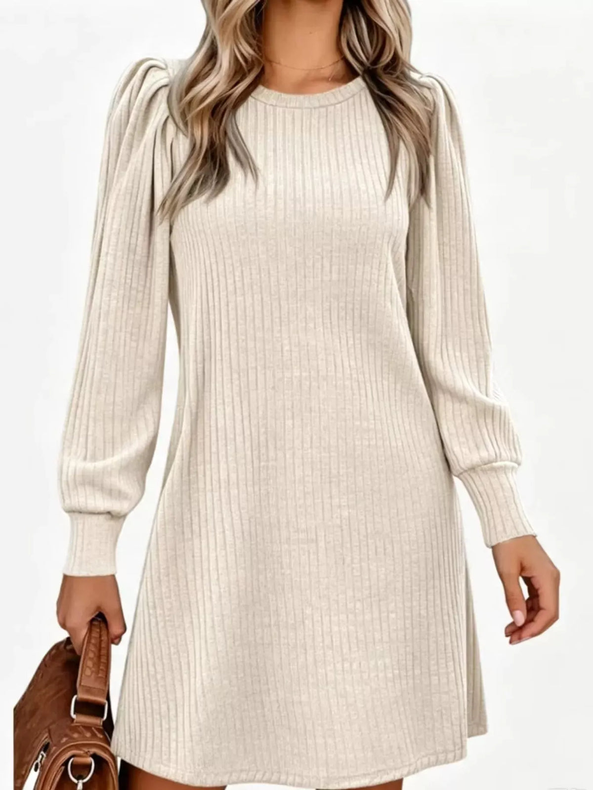 Puff-Sleeve Ribbed Knit Dress with Pockets — photo 15