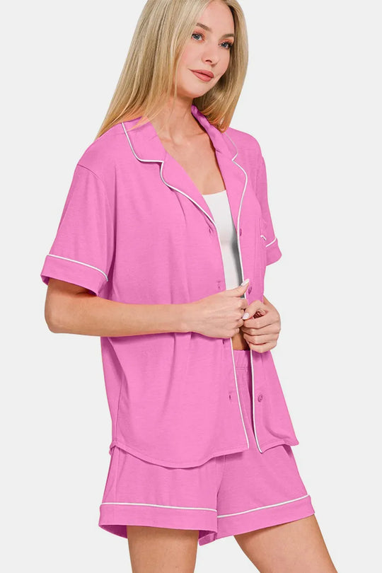 Another view: Button Down Short Sleeve Top and Shorts Lounge Set — Bright Mauve